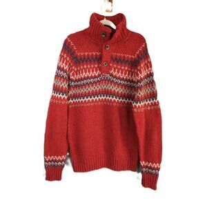 Fat Face Sweater Mens L Red Wool Blend Fair Isle Button Neck
